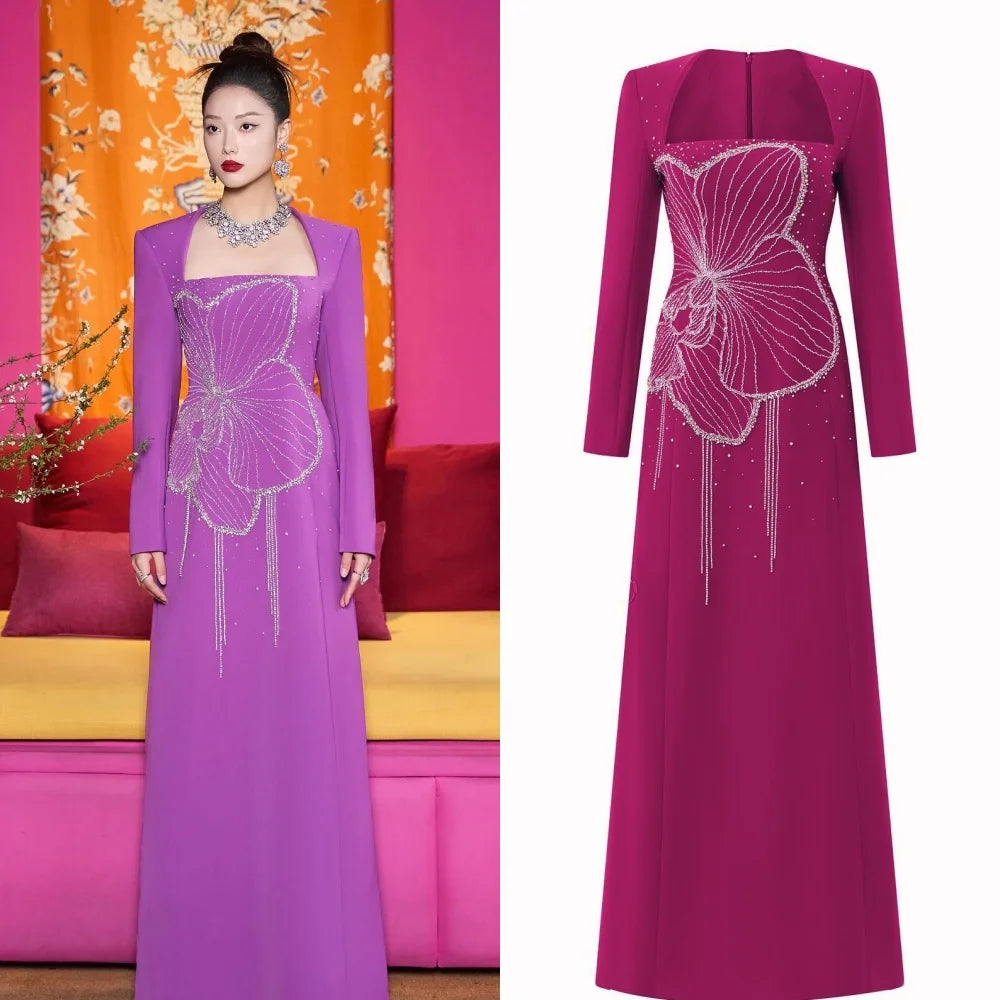 Customized Jersey Beading Draped Cocktail Party A-Line Square Collar Bespoke Occasion Gown Long Dresses
