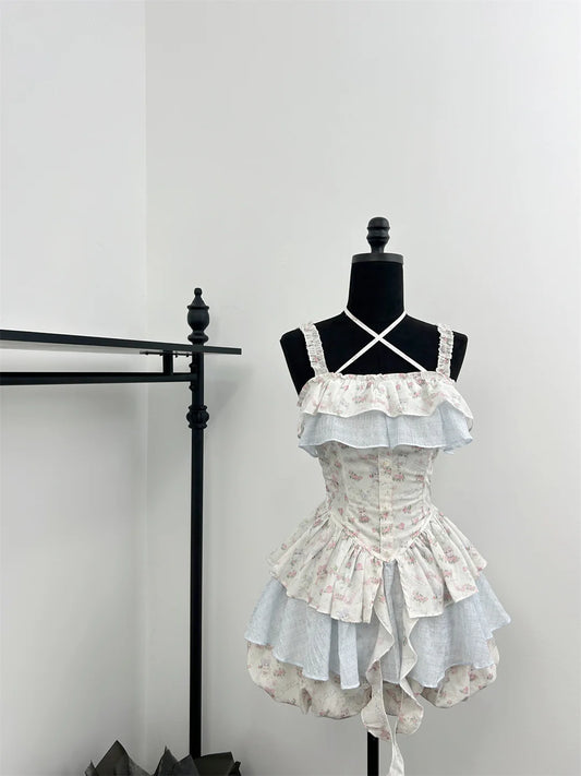 Summer Women Korean Vintage Ballet Core 2000S Party Rave Y2K Outfits 2 Piece Set Mori Girl Floral Fairy Dress + Cute Mini Shorts